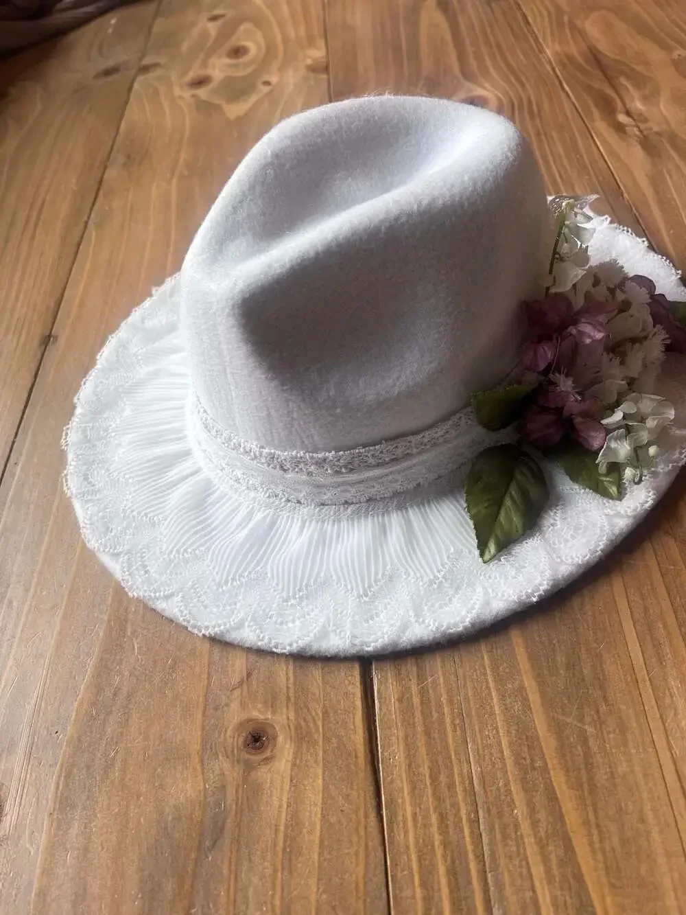 White Felt Fedora Sun Hat with Pleated Lace Brim and Floral Applique Wedding